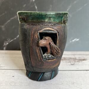 Kathy Erickson Raku Ceramic Vase – Irish Setter Dog – Custom Art Studio Pottery